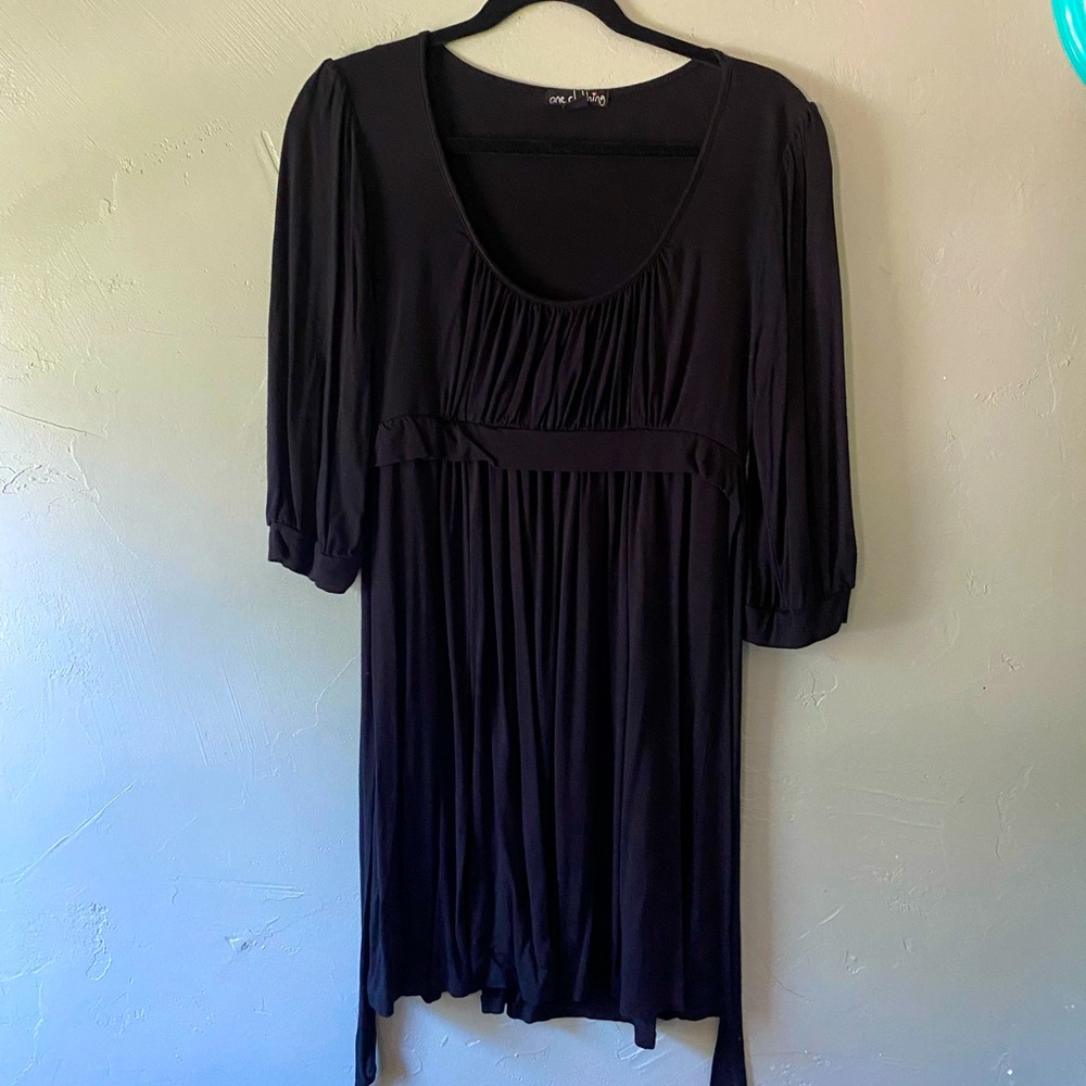 3/4 sleeve black mini dress with deep scoop neck, size Large